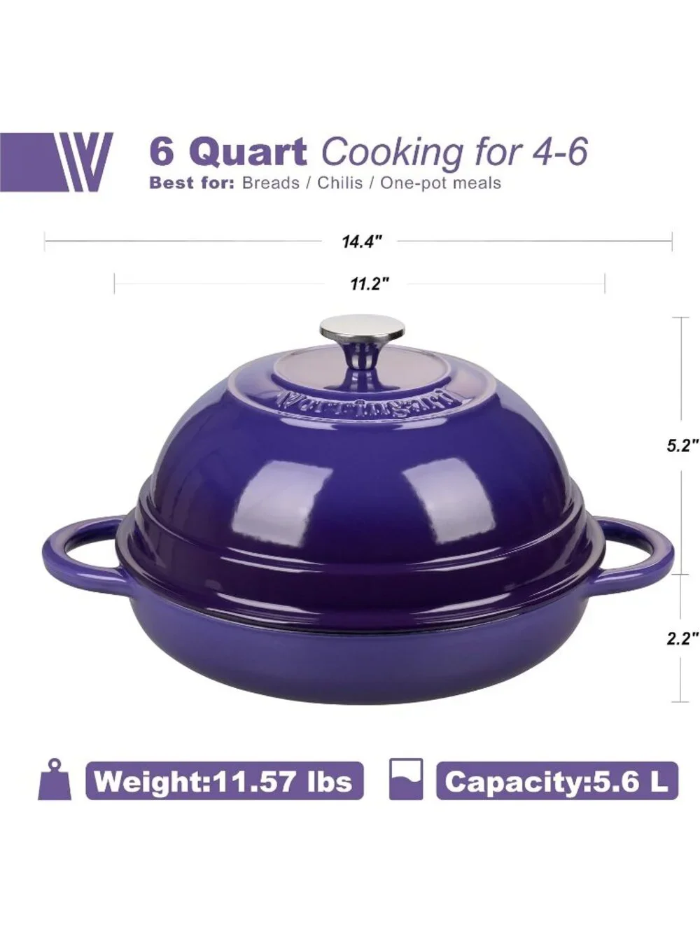 6 Quart Purple Cast Iron Enameled Dutch Oven Pot with Lid for Bread Baking Pan
